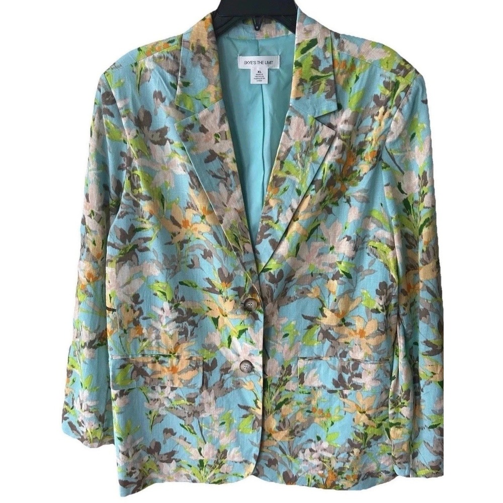 New Skye's The Limit Floral Blazer Jacket XL Rayon Linen Blend Aqua Floral Lined